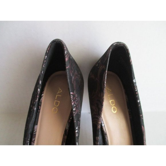 *ALDO Black Fabric Pumps Art Deco Gold Silver Design Pointed Toe Heels - Picture 4 of 7